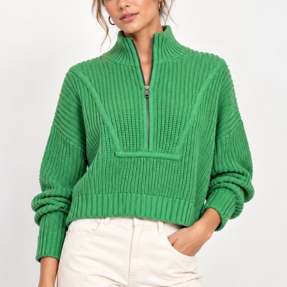 STAUD Hampton Sweater Womens M Green Ribbed Quarter Zip Cropped Pullover Preppy